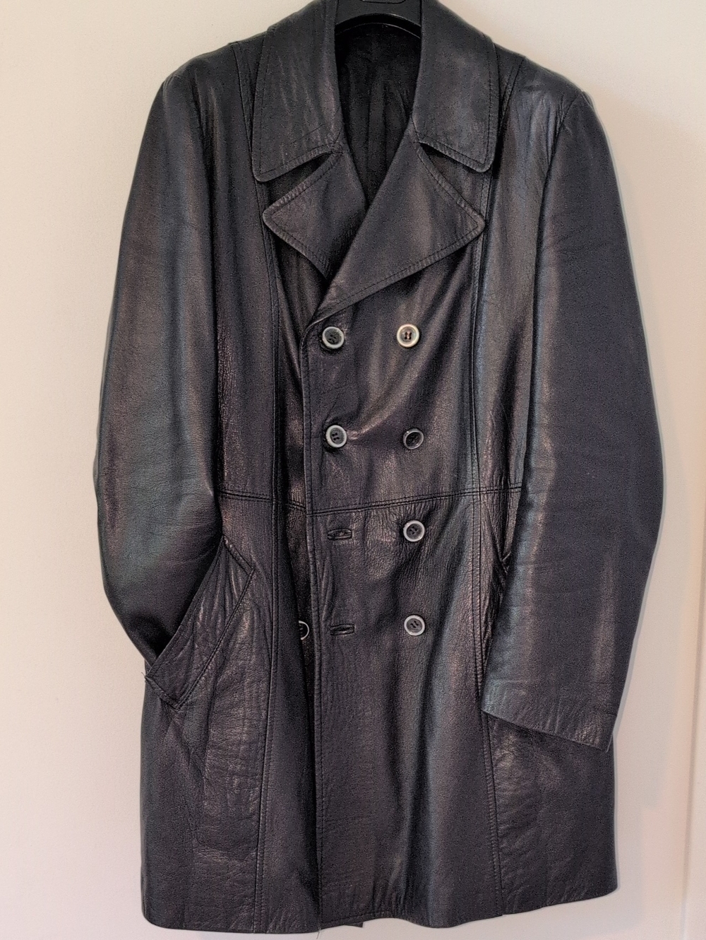 Men's Black Leather Double-Breasted Coat